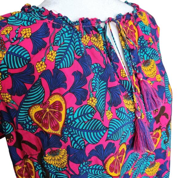 Rose + Olive Tropical Monkey Print Boho Tassel Flutter Sleeve Blouse Size L - Picture 2 of 8